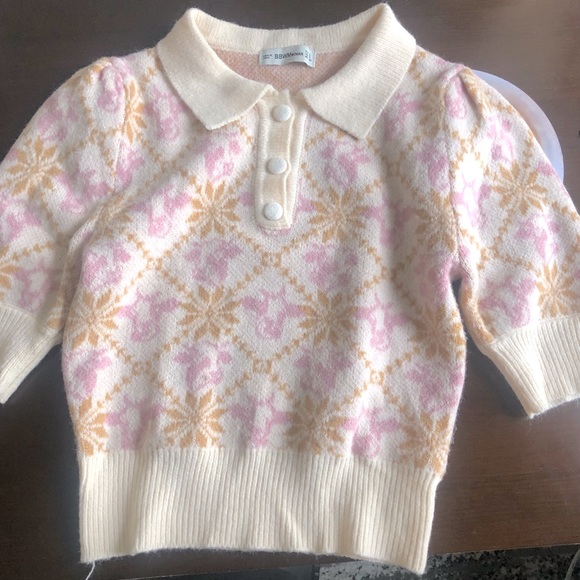 🐮 Cow Pattern Polo Mohair-like Sweater Pink and Cream - Picture 2 of 7